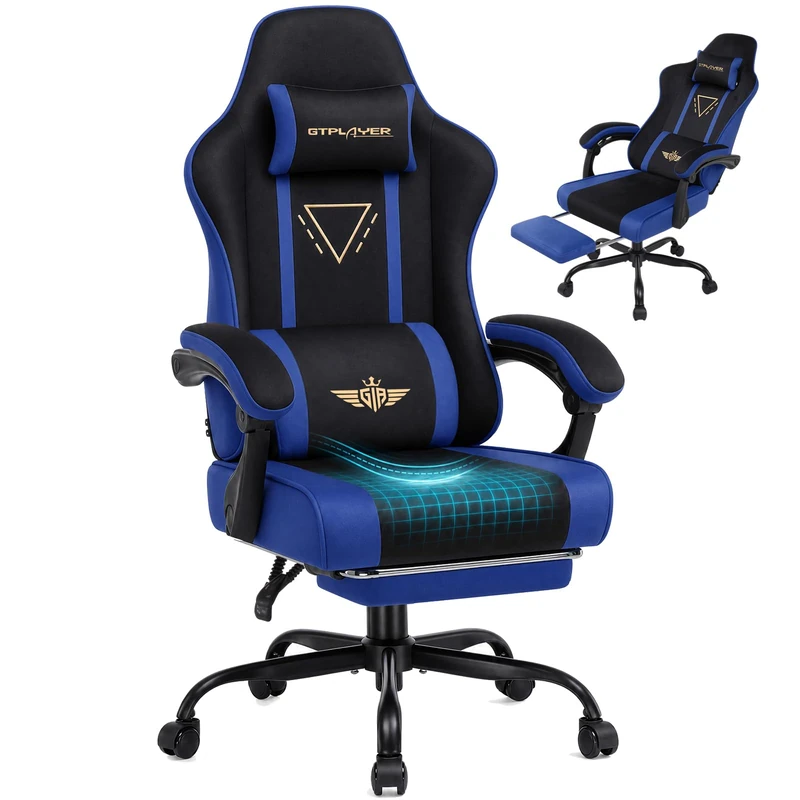GTPLAYER Fabric Gaming Chair with Footrest, Ergonomic Computer Desk Chair with Pocket Spring Cushion Home Office High Back Lumbar Support Heavy Duty Wide, Blue