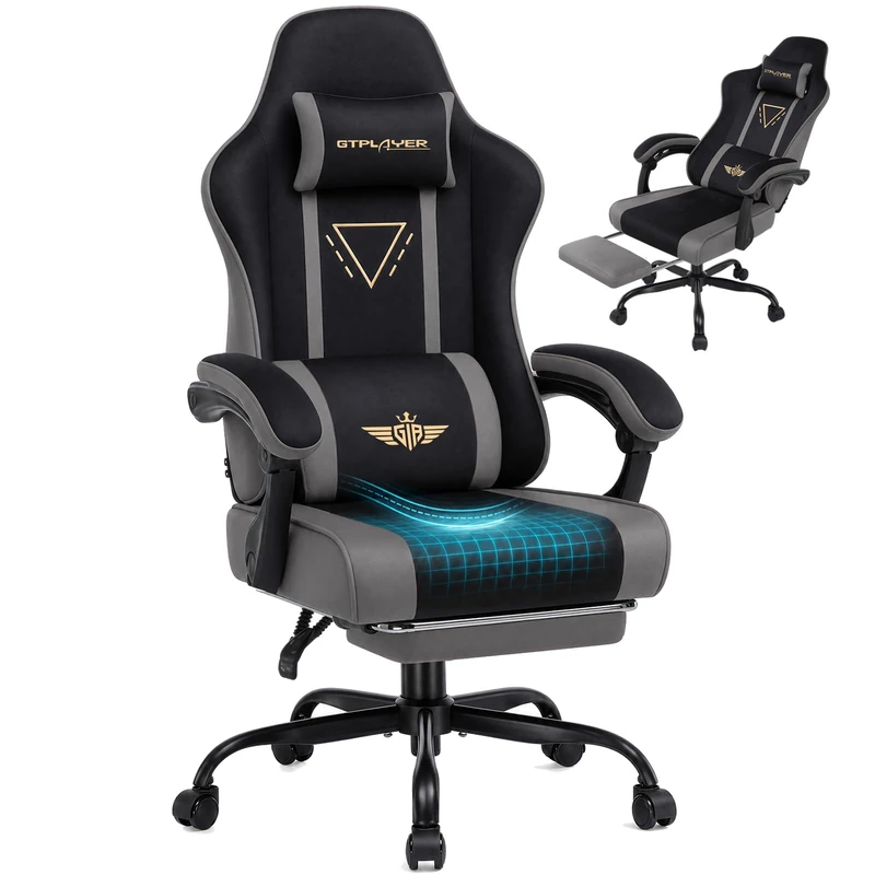GTPLAYER Fabric Gaming Chair with Footrest, Ergonomic Computer Desk Chair with Pocket Spring Cushion Home Office High Back Lumbar Support Heavy Duty Wide, Grey