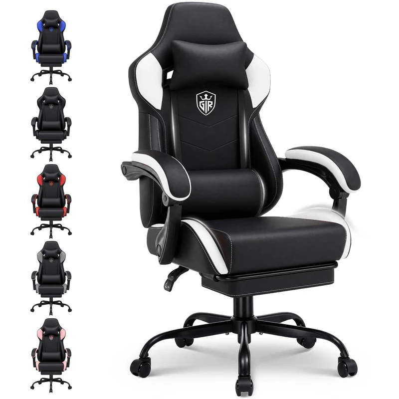 GTPLAYER Gaming Chair with Footrest, High Back Computer Chairs for Adults with Linkage Armrest Lumbar Support Heavy Duty 350lbs Ergonomic Swivel PC Game Chair for Office, Grey