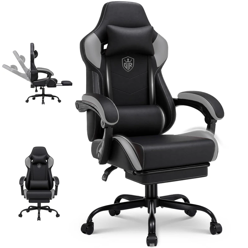 GTPLAYER Gaming Chair with Footrest, High Back Computer Chairs for Adults with Linkage Armrest Lumbar Support Heavy Duty 350lbs Ergonomic Swivel PC Game Chair for Office, Grey