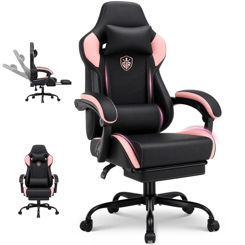 GTPLAYER Gaming Chair with Footrest, High Back Computer Chairs for Adults with Linkage Armrest Lumbar Support Heavy Duty 350lbs Ergonomic Swivel PC Game Chair for Office, Grey