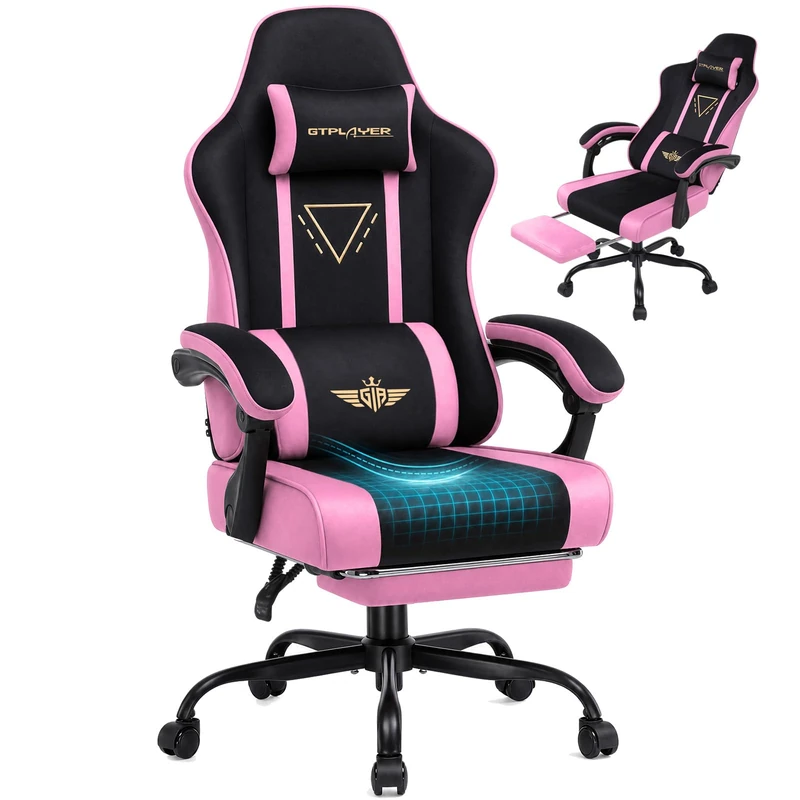GTPLAYER Fabric Gaming Chair with Footrest, Ergonomic Computer Desk Chair with Pocket Spring Cushion Home Office High Back Lumbar Support Heavy Duty Wide, Pink