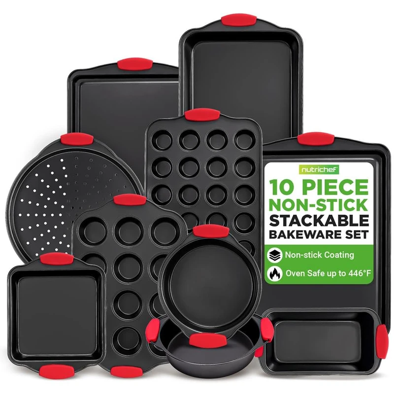 NutriChef Non-Stick Baking Tray Set 10-Piece, Stackable Oven-Safe Bakeware, Cookie Sheet, Loaf, Pizza, Muffin, Cake, Round & Square Pans, Non-Stick Trays with Red Silicone Handles