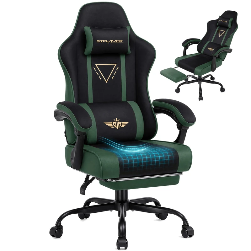 GTPLAYER Fabric Gaming Chair with Footrest, Ergonomic Computer Desk Chair with Pocket Spring Cushion Home Office High Back Lumbar Support Heavy Duty Wide, Green