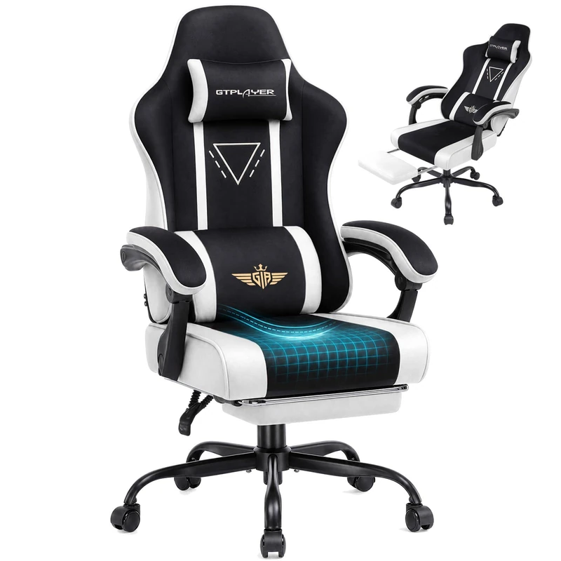 GTPLAYER Fabric Gaming Chair with Footrest, Ergonomic Computer Desk Chair with Pocket Spring Cushion Home Office High Back Lumbar Support Heavy Duty Wide, White