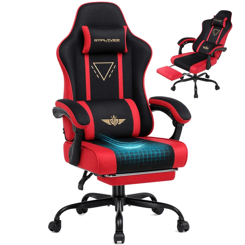 GTPLAYER Fabric Gaming Chair with Footrest, Ergonomic Computer Desk Chair with Pocket Spring Cushion Home Office High Back Lumbar Support Heavy Duty Wide, Red