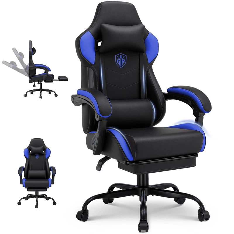 GTPLAYER Gaming Chair with Footrest, High Back Computer Chairs for Adults with Linkage Armrest Lumbar Support Heavy Duty 350lbs Ergonomic Swivel PC Game Chair for Office, Grey