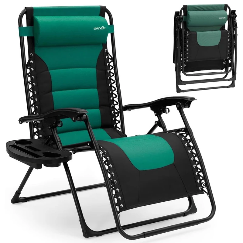 SereneLife Zero Gravity Garden Chair, Folding Reclining Sun Lounger with Cup Holder, Removable Pillow, Padded Outdoor Camping Chair, Green & Black