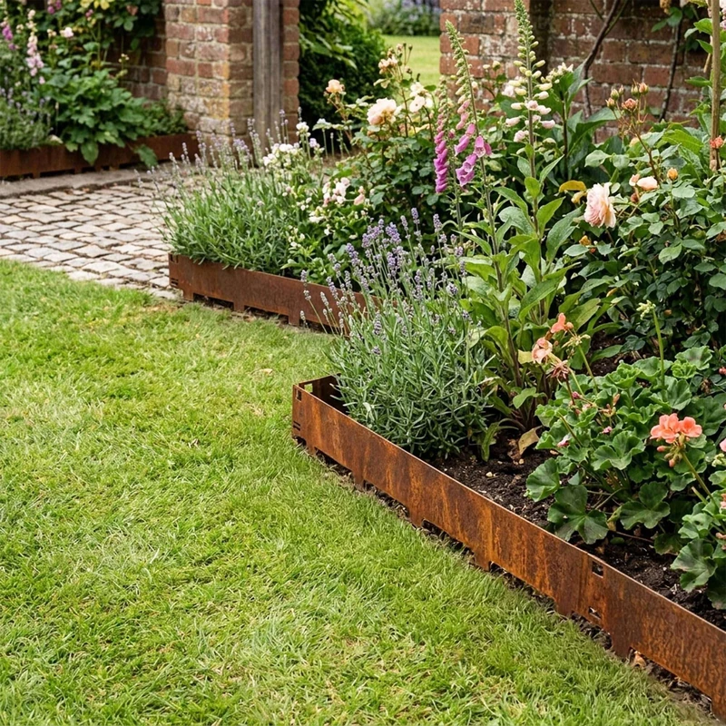 Nicoman 10M Corten Lawn Edging Border,Pre-Rusted Galvanised Steel Garden Border Edging, Easy to install Flexible Grass Landscaping Pathway Edge Strip (Corten, 150mm-10pc)