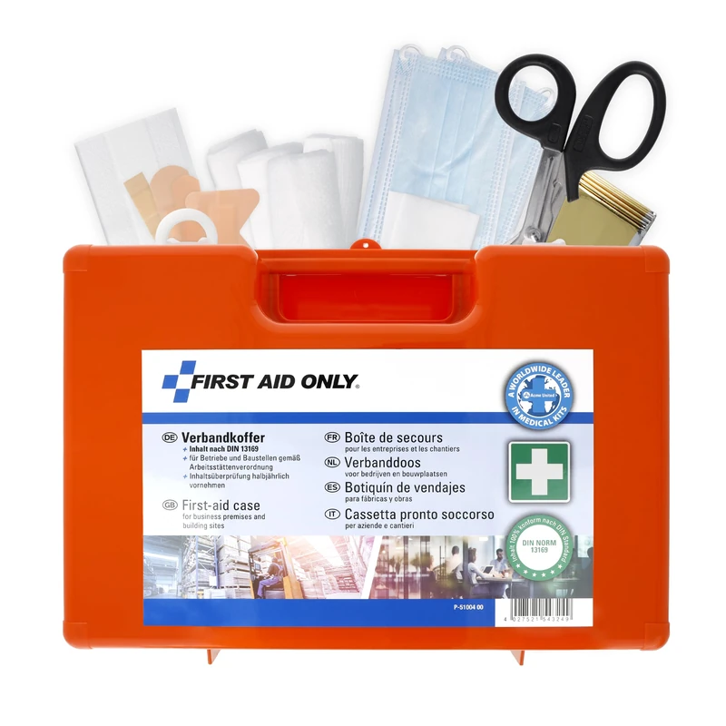 First Aid Only First Aid Kit DIN 13169 with Wall Bracket | First Aid Case for Business & Home Filled to DIN 13169:2021 | Carry Handle, Mounting Material & 90° Locking | P-51004 00