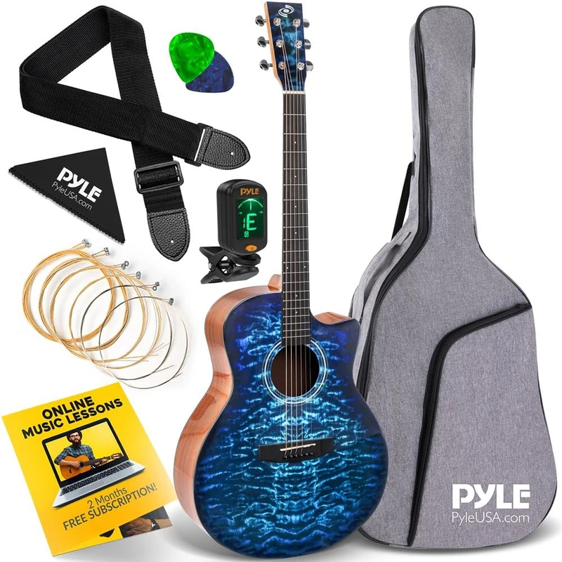 Pyle Acoustic Guitar, Full Size Classical Guitar - Steel String, 41" Blue, Gig Bag, Tuner, Extra Strings, Strap, Picks, Right Handed