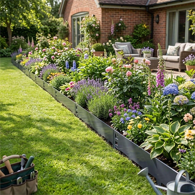 Nicoman 10M Anthracite Lawn Edging Border,Pre-Rusted Galvanised Steel Garden Border Edging, Easy to install Flexible Grass Landscaping Pathway Edge Strip (Anthracite, 150mm-10pc)