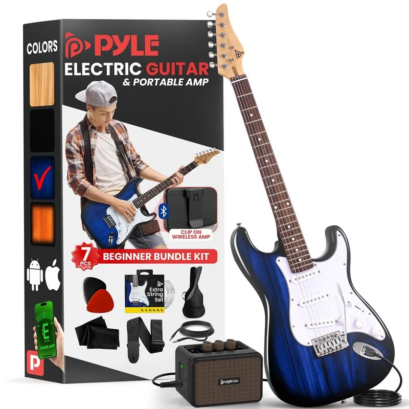Pyle Full Size Electric Guitar Kit 97cm, 22 Fret Beginner Guitars Bundle 5W Amp, With Gig Bag, Picks, Spare Strings, Strap, and ST-Style Paulownia Body, Right Hand, Blue
