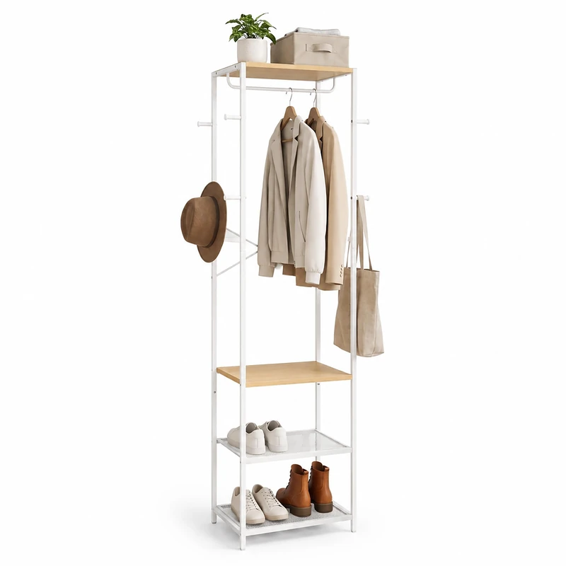 Relaxdays coat rack with rail, 4 shelves & 8 hooks, natural white