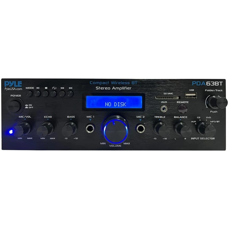 Pyle Amplifier, 200W Bluetooth Receiver, 2-Channel Stereo Receiver with FM Radio, BT, USB/SD, AUX, RCA, 2 Microphone Inputs, Bass & Height Adjustment, for Karaoke & Music at Home