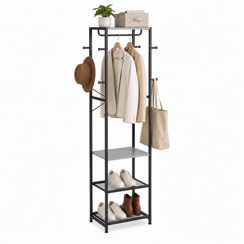 Relaxdays coat rack, 4 shelves & 8 hooks, HWD: 181x40x28 cm, black-grey