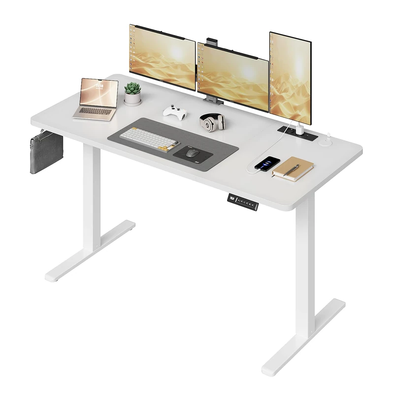 JUMMICO Standing Desk with Power Outlet 140 x 60 cm, Electric Height Adjustable Desk with 4 Memory Function, Sit-Stand Office Desk, Computer Desk with Cable Management Box, White