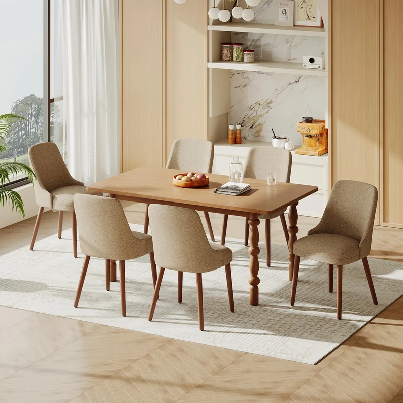 Dining Chairs Set of 6, Upholstered Dining Room Chairs with Solid Wood Legs, Modern Fabric Kitchen Chairs with Ergonomic High Back, Thick Padded Seat, Accent Chairs for Dining Room, Living Room, Camel
