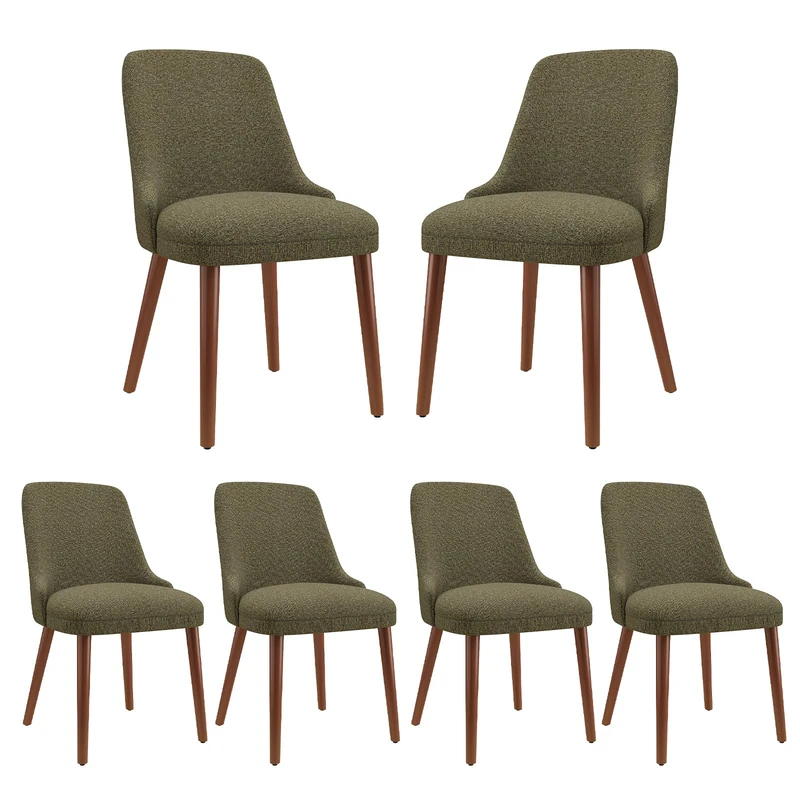 Dining Chairs Set of 6, Upholstered Dining Room Chairs with Solid Wood Legs, Modern Fabric Kitchen Chairs with Ergonomic High Back, Thick Padded Seat, Accent Chairs for Dining Room, Living Room, Green