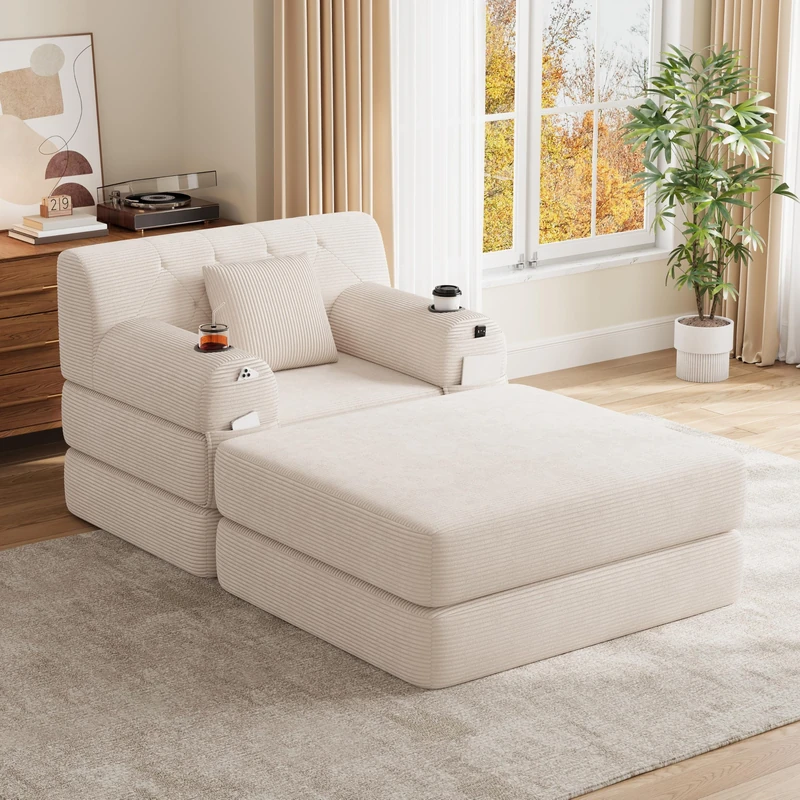 Ball & Cast Folding Sofa Bed Convertible Sleeper Chair with Back Support and Pillow Fold Out Single Sofa Bed Chair Comfy Foldable Mattress Floor Couch for Living Room Bedroom Beige