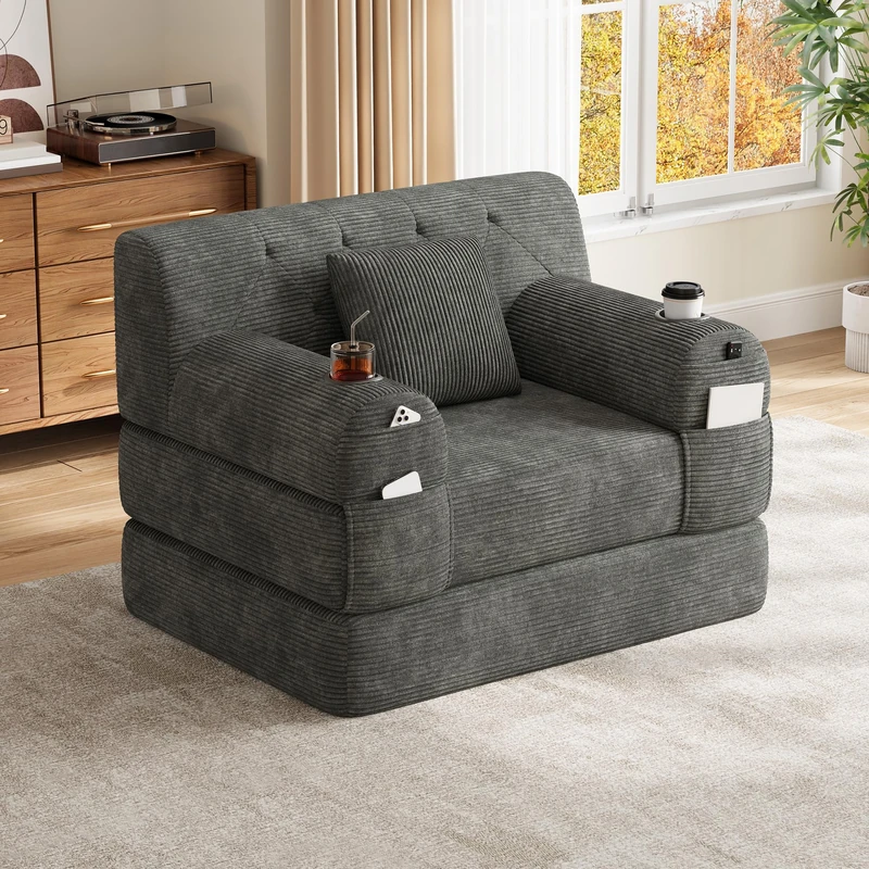 Ball & Cast 1-Seater Sleeper Sofa, Compressed Corduroy Sofa with High Backrest, Metal Frame, High-Density Foam, 2 Cup Holders and 4 Side Pockets, Ideal for Living Rooms and Small Spaces, Dark Gray