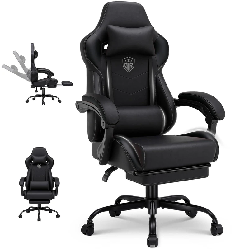 GTPLAYER Gaming Chair with Footrest, High Back Computer Chairs for Adults with Linkage Armrest Lumbar Support Heavy Duty 350lbs Ergonomic Swivel PC Game Chair for Office, Grey
