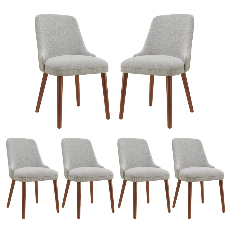 Dining Chairs Set of 6, Upholstered Dining Room Chairs with Solid Wood Legs, Modern Kitchen Chairs with Ergonomic High Back, Thick Padded Seat, Accent Chairs for Dining Room, Living Room, Light Grey