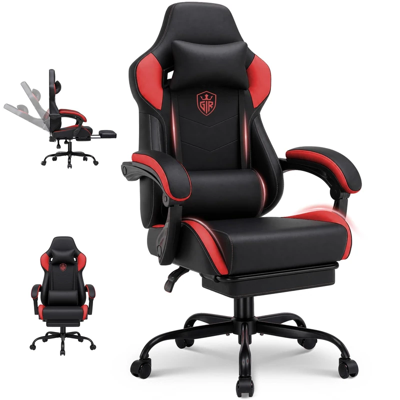 GTPLAYER Gaming Chair with Footrest, High Back Computer Chairs for Adults with Linkage Armrest Lumbar Support Heavy Duty 350lbs Ergonomic Swivel PC Game Chair for Office, Grey