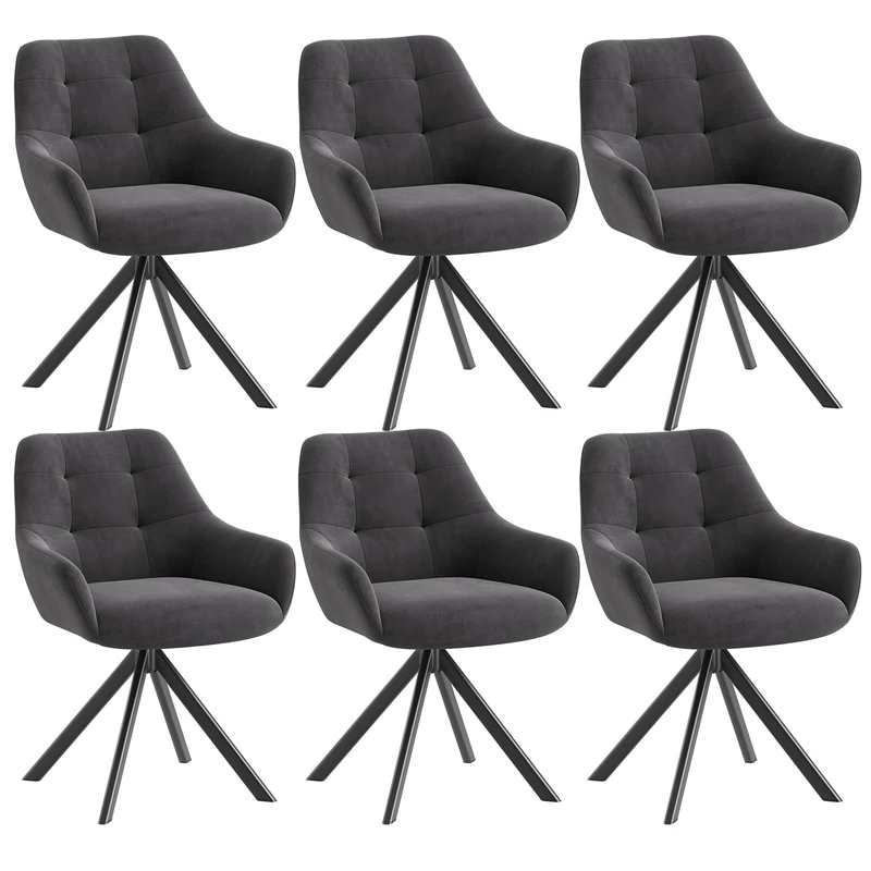 Swivel Dining Chairs Set of 6, 360° Velvet Dining Room Chairs with Arms, Upholstered Kitchen Chairs with Metal Legs, Modern Accent Chairs for Dining Room, Living Room, Bedroom, Home Office, Grey