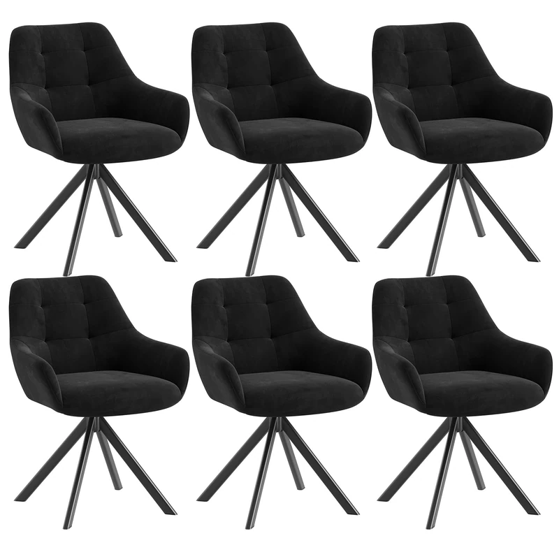 Swivel Dining Chairs Set of 6, 360° Velvet Dining Room Chairs with Arms, Upholstered Kitchen Chairs with Metal Legs, Modern Accent Chairs for Dining Room, Living Room, Bedroom, Home Office, Black