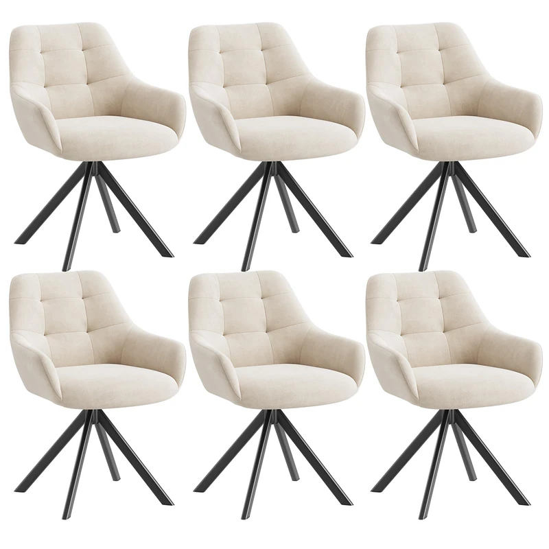 Swivel Dining Chairs Set of 6, 360° Velvet Dining Room Chairs with Arms, Upholstered Kitchen Chairs with Metal Legs, Modern Accent Chairs for Dining Room, Living Room, Bedroom, Home Office, Beige