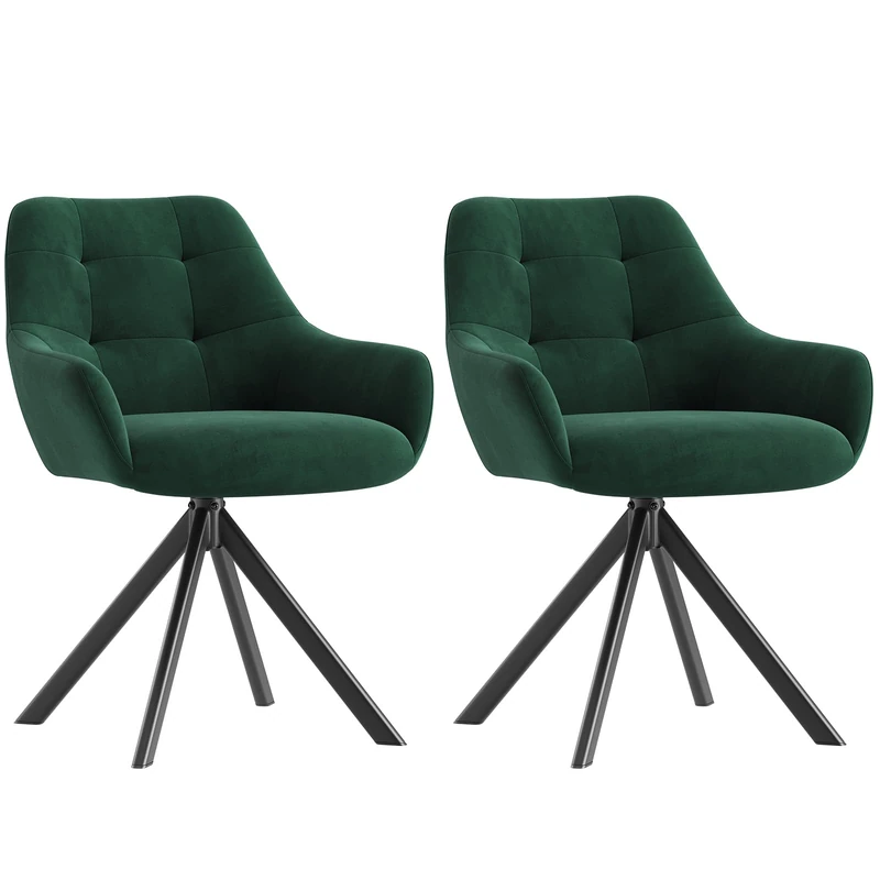 Swivel Dining Chairs Set of 2, 360° Velvet Dining Room Chairs with Arms, Upholstered Kitchen Chairs with Metal Legs, Modern Accent Chairs for Dining Room, Living Room, Bedroom, Home Office, Green