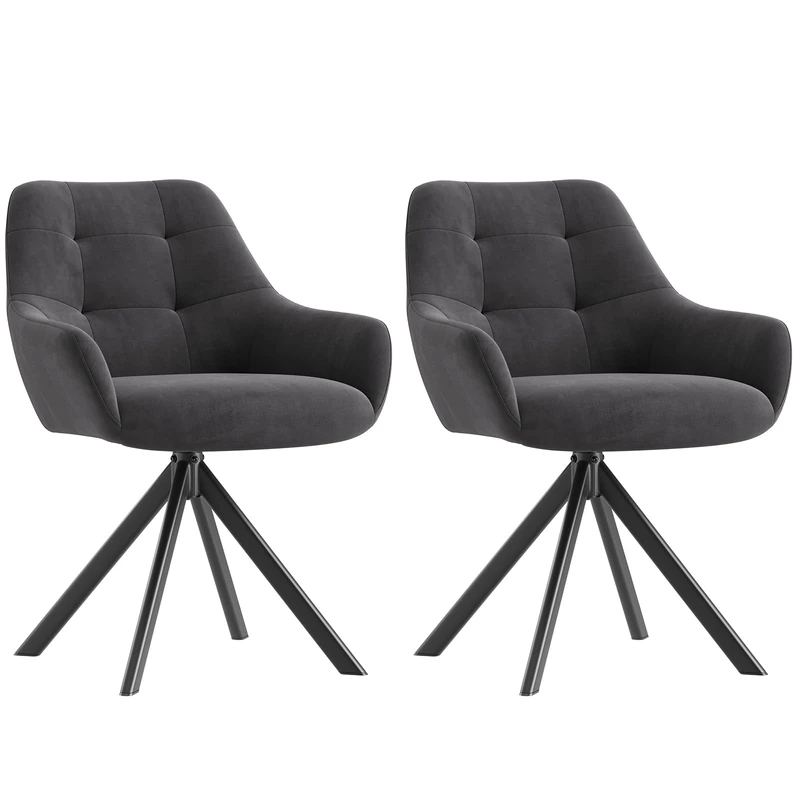 Swivel Dining Chairs Set of 2, 360° Velvet Dining Room Chairs with Arms, Upholstered Kitchen Chairs with Metal Legs, Modern Accent Chairs for Dining Room, Living Room, Bedroom, Home Office, Grey