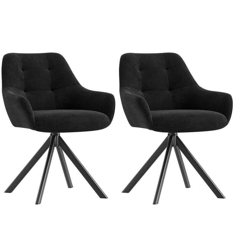 Swivel Dining Chairs Set of 2, 360° Velvet Dining Room Chairs with Arms, Upholstered Kitchen Chairs with Metal Legs, Modern Accent Chairs for Dining Room, Living Room, Bedroom, Home Office, Black