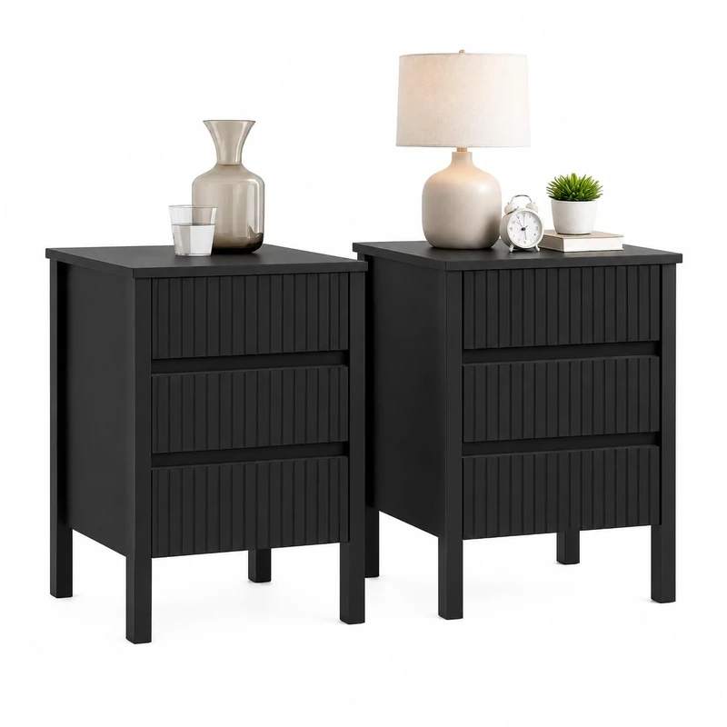 Birlea Pair of Axis 3 Drawer Fluted Bedside Cabinet Chest Table Black