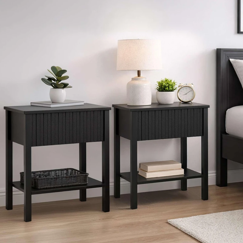 Birlea Pair of Axis 1 Drawer Fluted Bedside Cabinet Chest Table Black