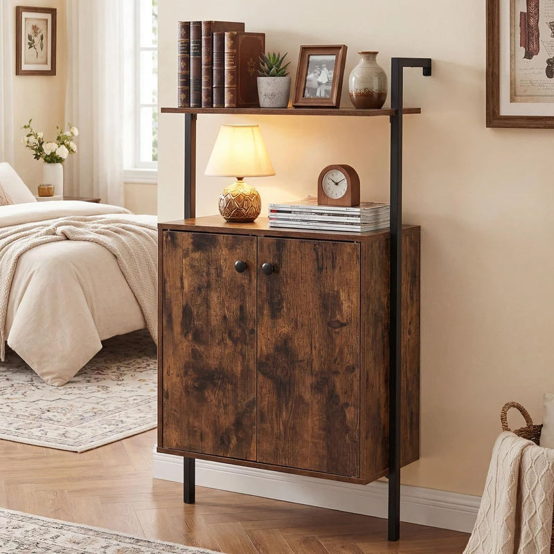 CASART Wall Mounted Bookshelf, Wooden Bookcase(Rustic Brown + Black)