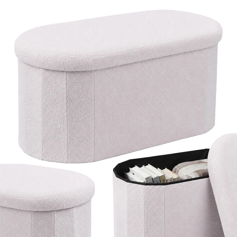 Relaxdays storage bench, bouclé teddy fabric, upholstered, hallway, white