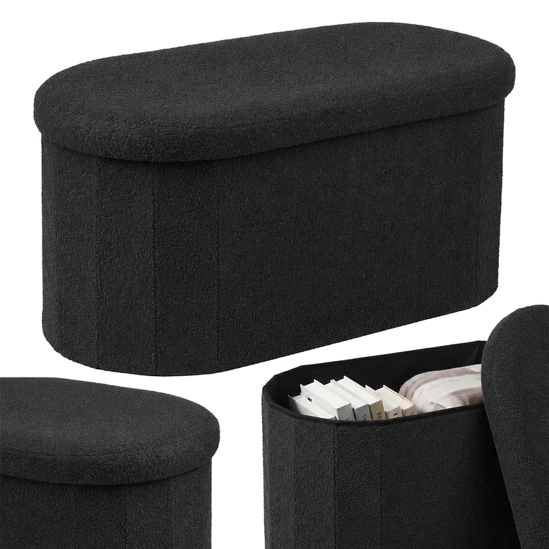 Relaxdays bench, teddy fabric, storage, upholstered, hallway, black