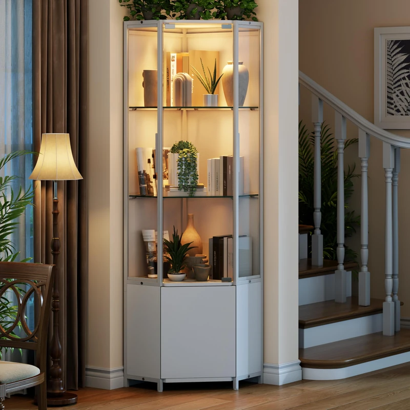 Feonase Corner Display Cabinet with Glass Doors, Display Case with LED light, Curio Cabinets for Collectibles, Books, Tall Display Cabinet for Living Room, Office, White