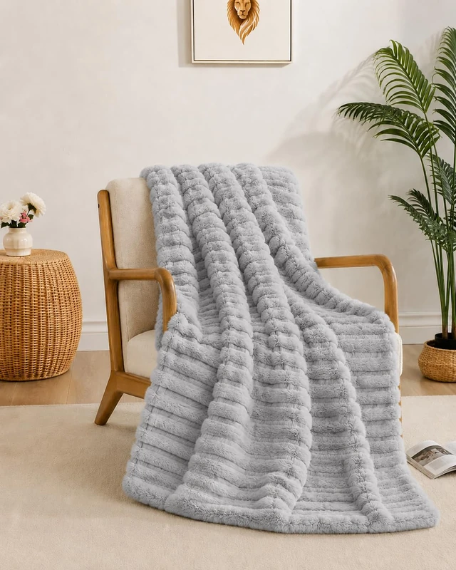 Miracle Home. Plaid Rabbit Agate, Reversible Microfibre Blanket with Rabbit and Sherpa Touch, 560 g/m², 220 x 240 cm