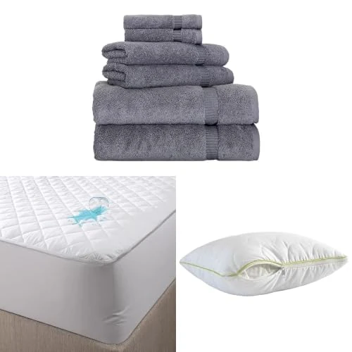 BERIBO Comfort Towel Set with Pillow & Mattress Protector (Single, Grey)