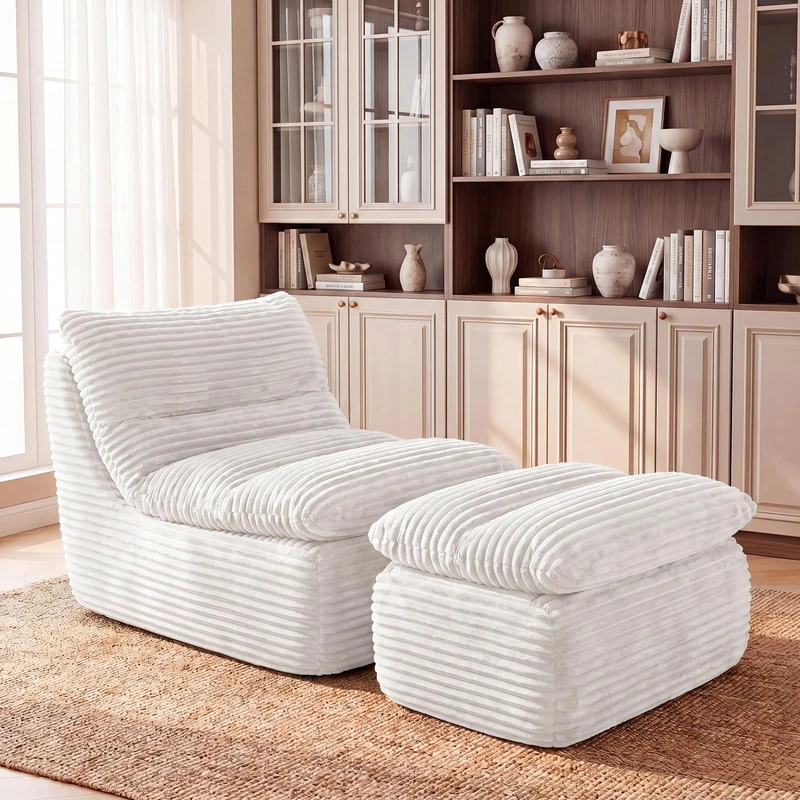 MALOL Boneless Couch with Ottoman, No-Assembly-Required Lazy Bean Bag Chair, Comfy Back Support Chaise Lounge Chair, Single Sofa Chair for Living Room Bedroom Office Apartment, Beige