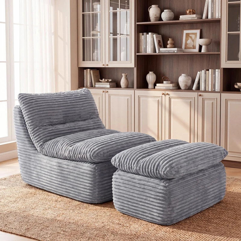 MALOL Boneless Couch with Ottoman, No-Assembly-Required Lazy Bean Bag Chair, Comfy Back Support Chaise Lounge Chair, Single Sofa Chair for Living Room Bedroom Office Apartment, Grey