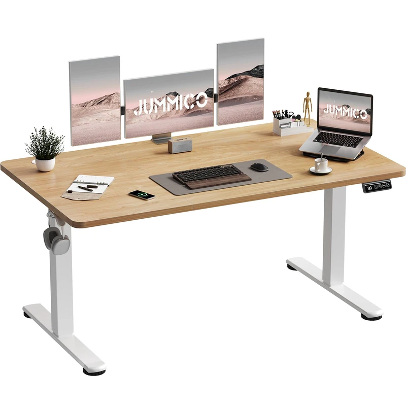 JUMMICO Electric Standing Desk 140 x 60 cm Home Office Height Adjustable Desk, Computer Lift Table with Smart Panel, Sit Stand Desk with Height Memory, Beige