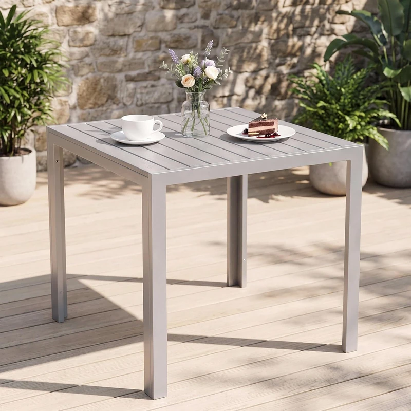 Clevich Weatherproof Garden Table 75x75cm, WPC Top Aluminium Frame, Silver