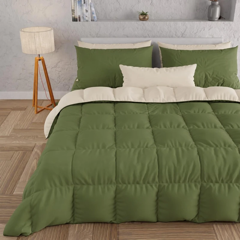PETTI Artigiani Italiani - Winter Quilt 260x270 cm Super King, Warm Reversible Double Face Quilt Olive Cream, Hypoallergenic Microfibre 300g/m², Soft and Cosy, Made in Italy