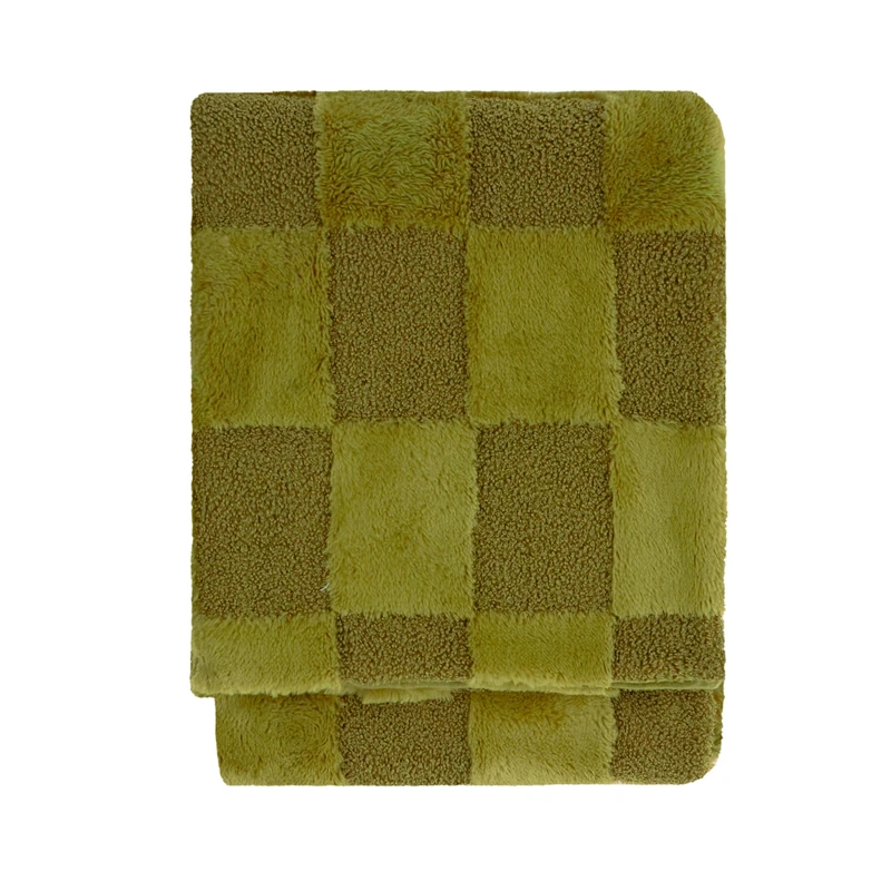 furn. Fur Boucle Check Throw (Olive - 140x180cm)