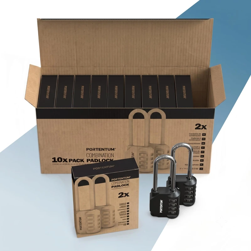 PORTENTUM Combination Padlock Long Shackle 4 Digit – Box of 20 Locks in 10 Packs of 2 – Padlocks with Code for Gym lockers cabinets and Sheds – Outdoor Padlock Weatherproof with Steel Shackle
