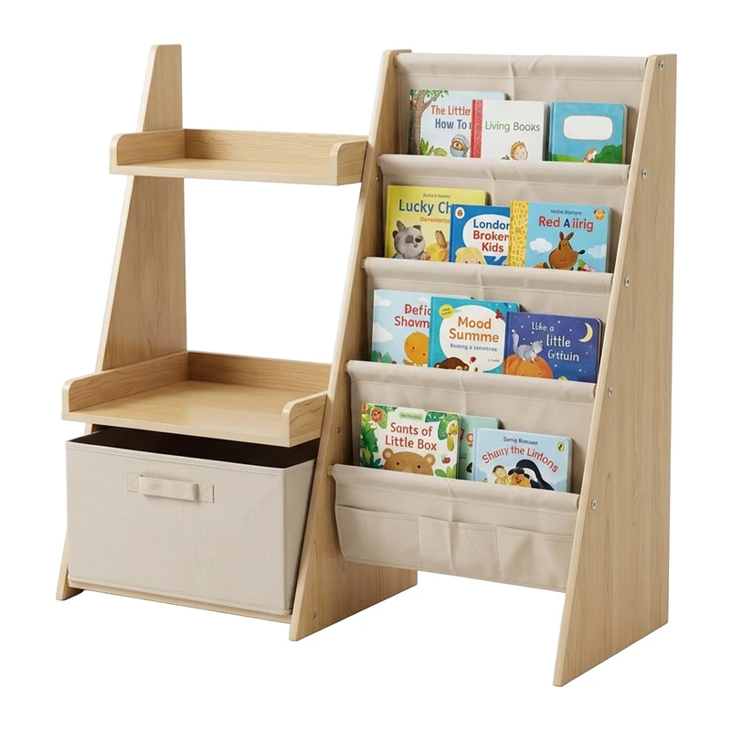 Relaxdays Kids' Bookshelf, 7 fabric pockets, 2 shelves & box, white/natural